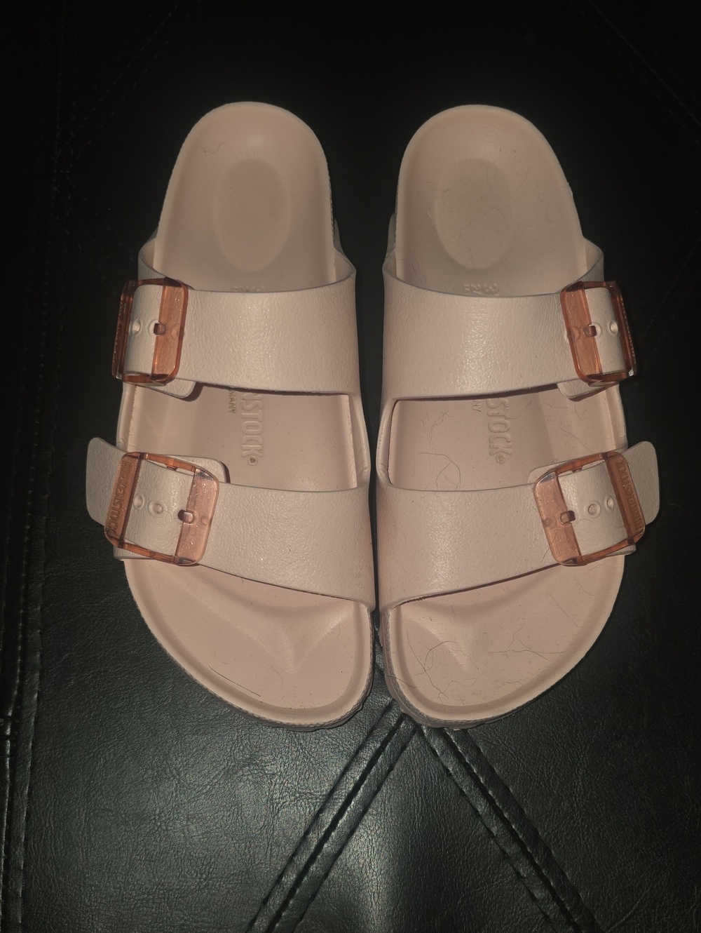 Birkenstock Pink Slide Sandals with Rose Gold Buckles
